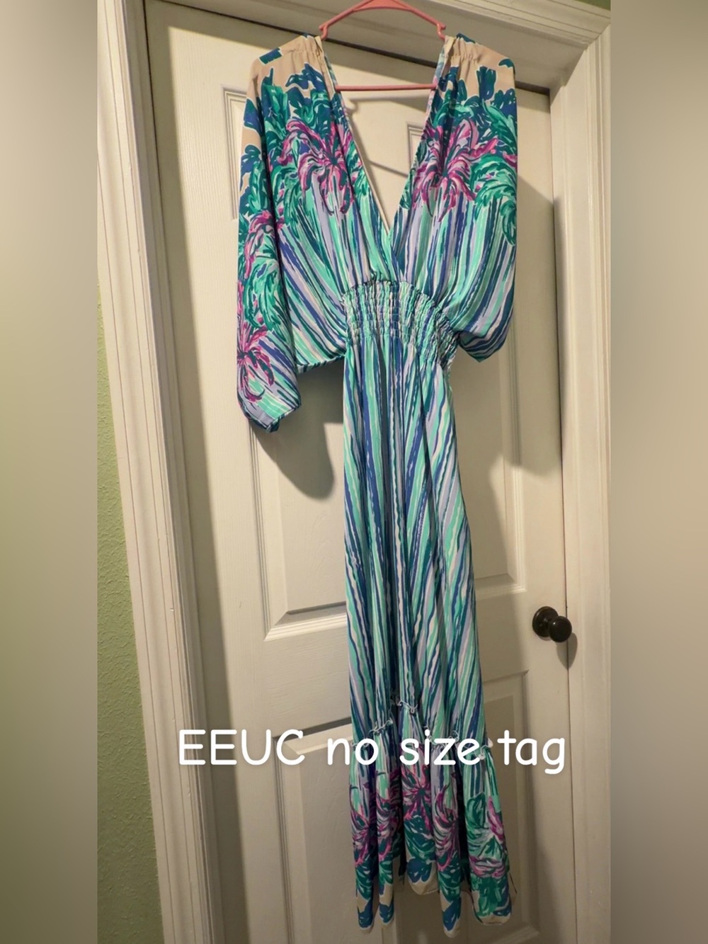 Lilly Pulitzer Teal, Aqua & Pink Floral Stripe V-Neck Maxi Dress